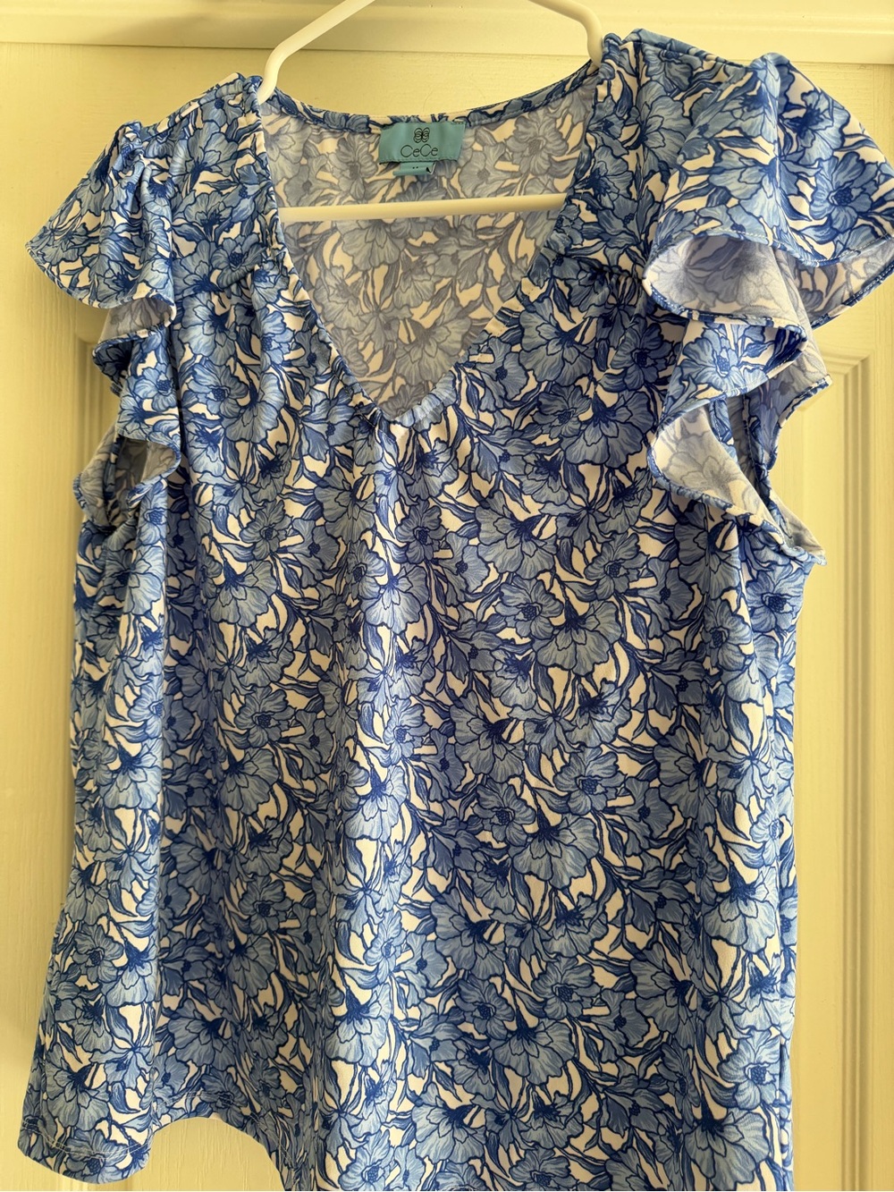 CeCe Blue Floral Ruffle Sleeve V-Neck Blouse